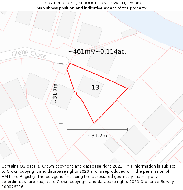 13, GLEBE CLOSE, SPROUGHTON, IPSWICH, IP8 3BQ: Plot and title map