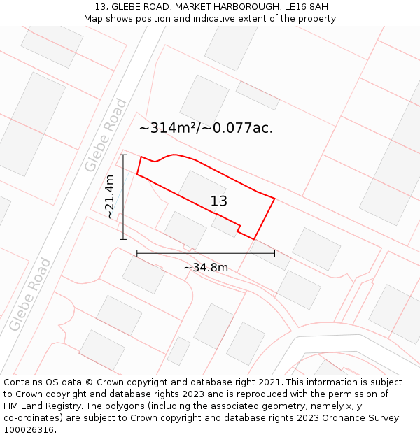13, GLEBE ROAD, MARKET HARBOROUGH, LE16 8AH: Plot and title map