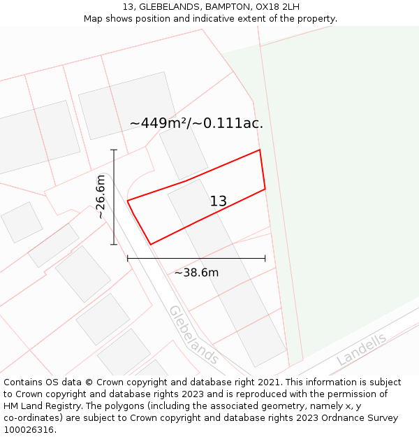 13, GLEBELANDS, BAMPTON, OX18 2LH: Plot and title map