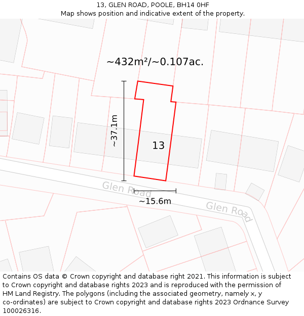 13, GLEN ROAD, POOLE, BH14 0HF: Plot and title map