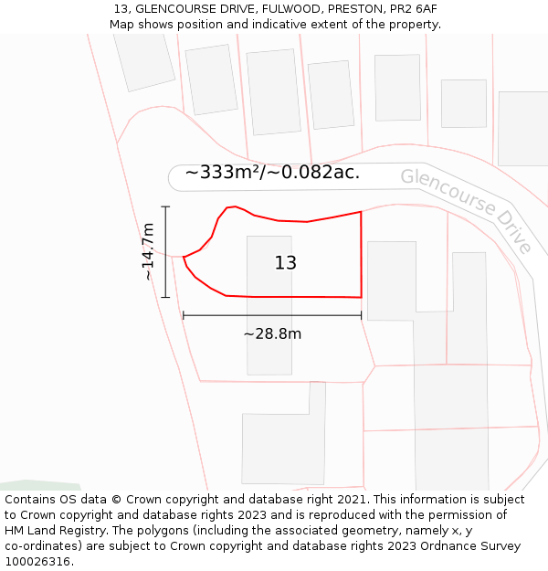 13, GLENCOURSE DRIVE, FULWOOD, PRESTON, PR2 6AF: Plot and title map