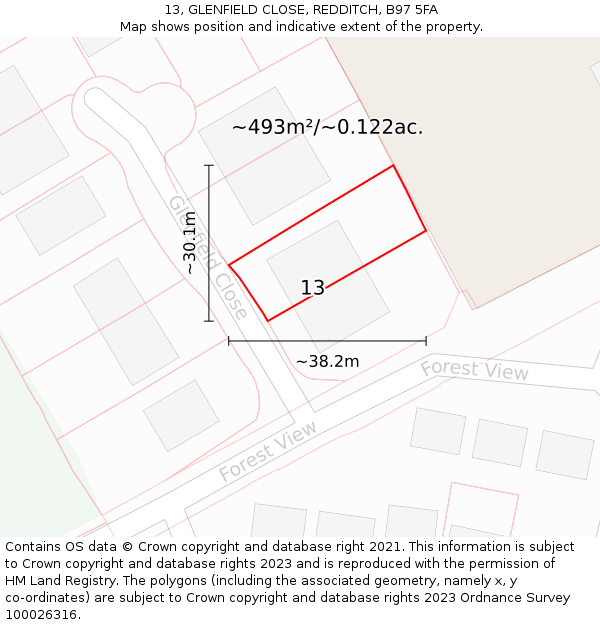 13, GLENFIELD CLOSE, REDDITCH, B97 5FA: Plot and title map