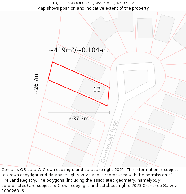 13, GLENWOOD RISE, WALSALL, WS9 9DZ: Plot and title map