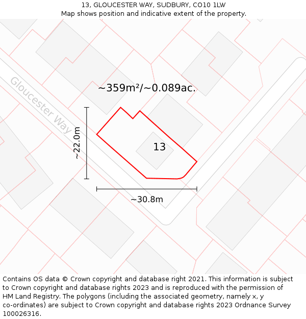 13, GLOUCESTER WAY, SUDBURY, CO10 1LW: Plot and title map