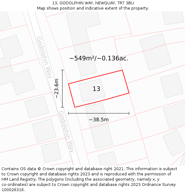 13, GODOLPHIN WAY, NEWQUAY, TR7 3BU: Plot and title map
