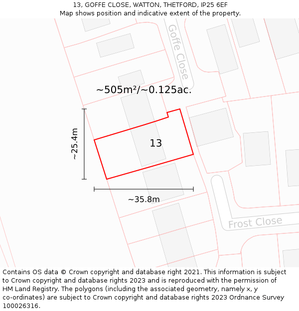13, GOFFE CLOSE, WATTON, THETFORD, IP25 6EF: Plot and title map