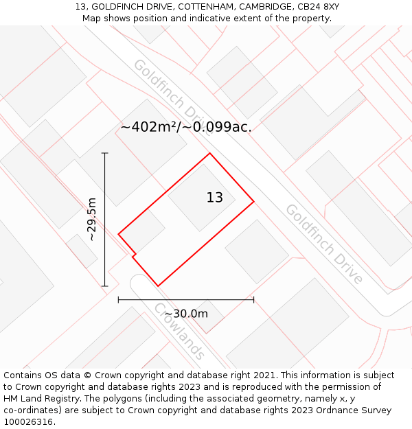 13, GOLDFINCH DRIVE, COTTENHAM, CAMBRIDGE, CB24 8XY: Plot and title map