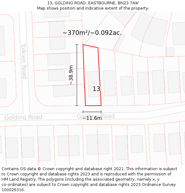13, GOLDING ROAD, EASTBOURNE, BN23 7AW: Plot and title map