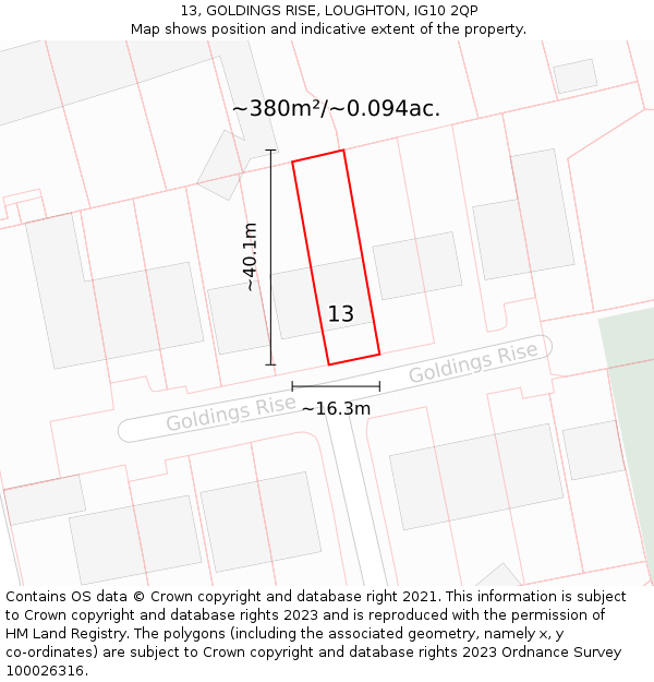 13, GOLDINGS RISE, LOUGHTON, IG10 2QP: Plot and title map
