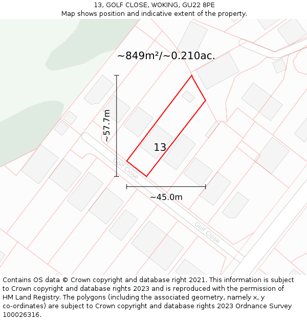 13, GOLF CLOSE, WOKING, GU22 8PE: Plot and title map