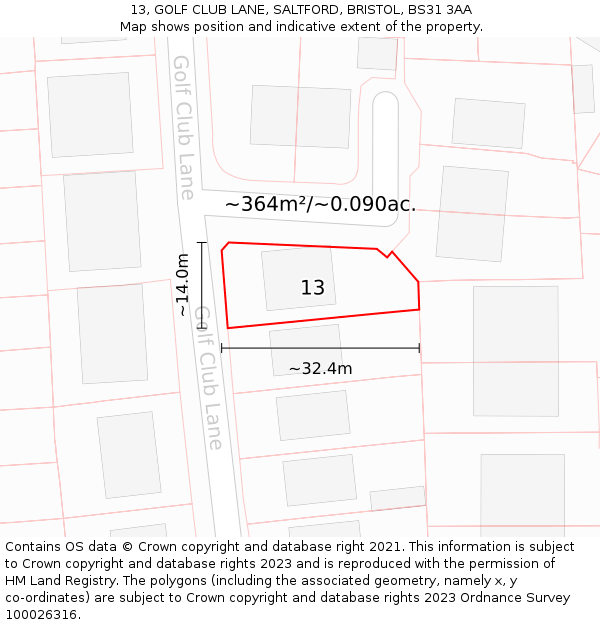 13, GOLF CLUB LANE, SALTFORD, BRISTOL, BS31 3AA: Plot and title map