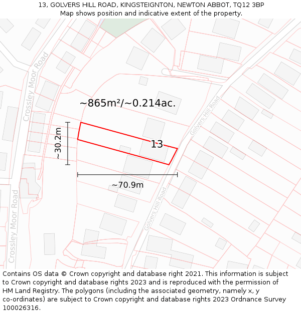 13, GOLVERS HILL ROAD, KINGSTEIGNTON, NEWTON ABBOT, TQ12 3BP: Plot and title map