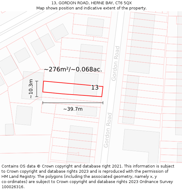 13, GORDON ROAD, HERNE BAY, CT6 5QX: Plot and title map