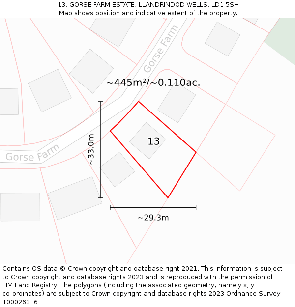13, GORSE FARM ESTATE, LLANDRINDOD WELLS, LD1 5SH: Plot and title map