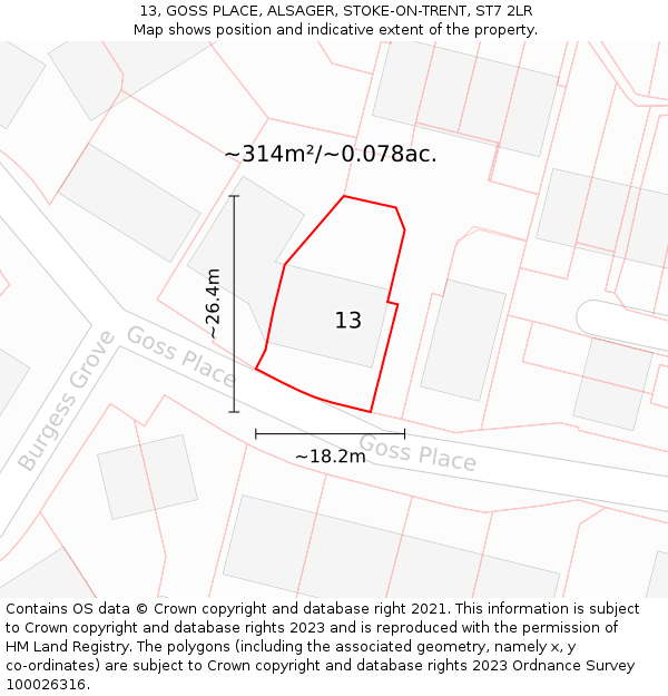 13, GOSS PLACE, ALSAGER, STOKE-ON-TRENT, ST7 2LR: Plot and title map