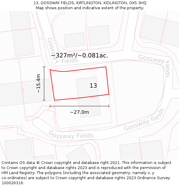 13, GOSSWAY FIELDS, KIRTLINGTON, KIDLINGTON, OX5 3HQ: Plot and title map