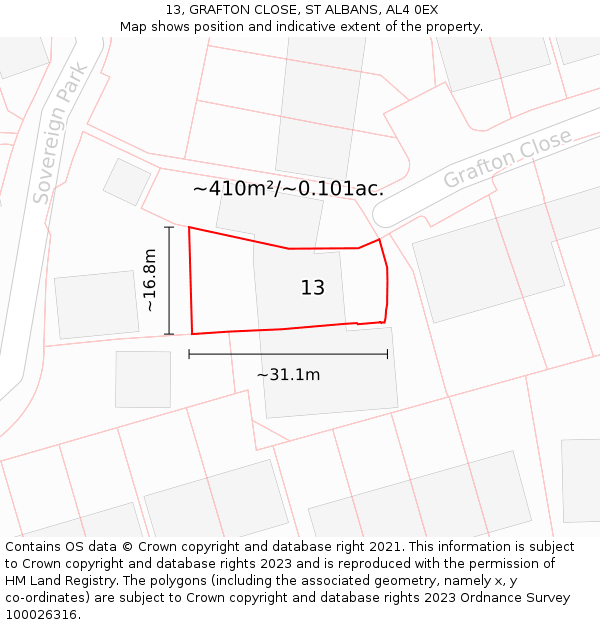 13, GRAFTON CLOSE, ST ALBANS, AL4 0EX: Plot and title map