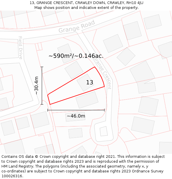 13, GRANGE CRESCENT, CRAWLEY DOWN, CRAWLEY, RH10 4JU: Plot and title map