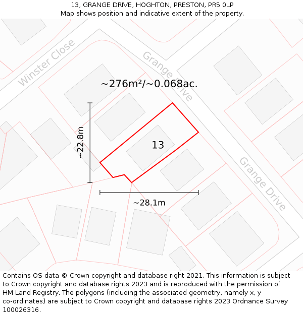 13, GRANGE DRIVE, HOGHTON, PRESTON, PR5 0LP: Plot and title map