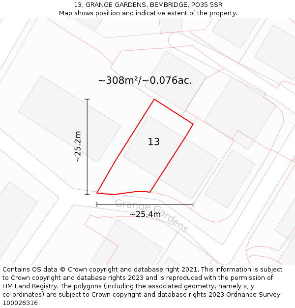 13, GRANGE GARDENS, BEMBRIDGE, PO35 5SR: Plot and title map
