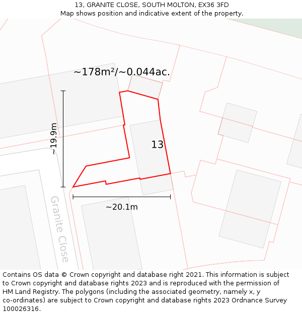 13, GRANITE CLOSE, SOUTH MOLTON, EX36 3FD: Plot and title map