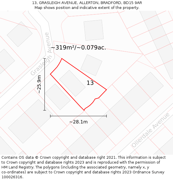 13, GRASLEIGH AVENUE, ALLERTON, BRADFORD, BD15 9AR: Plot and title map