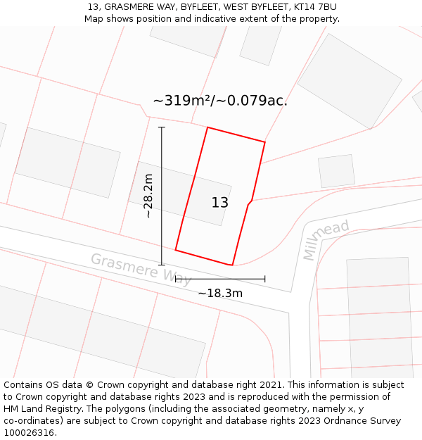 13, GRASMERE WAY, BYFLEET, WEST BYFLEET, KT14 7BU: Plot and title map