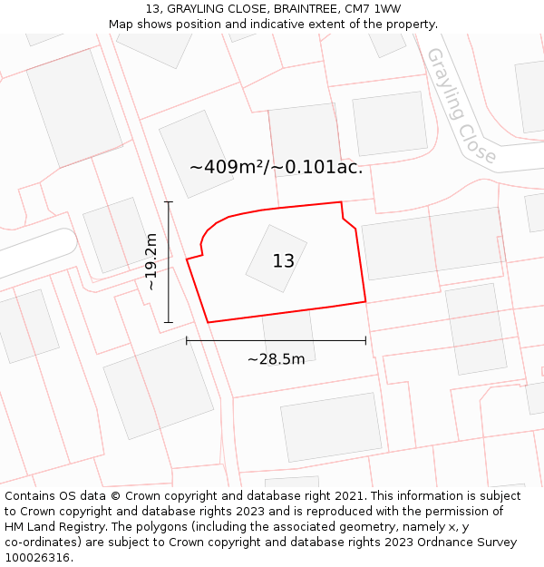 13, GRAYLING CLOSE, BRAINTREE, CM7 1WW: Plot and title map