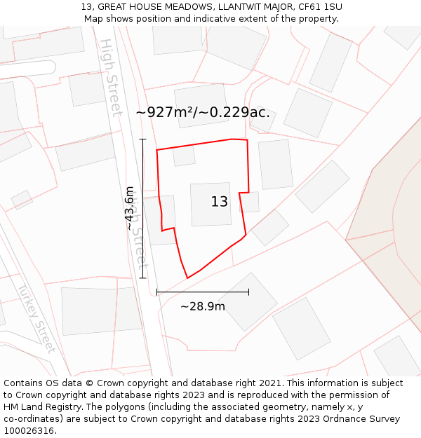13, GREAT HOUSE MEADOWS, LLANTWIT MAJOR, CF61 1SU: Plot and title map