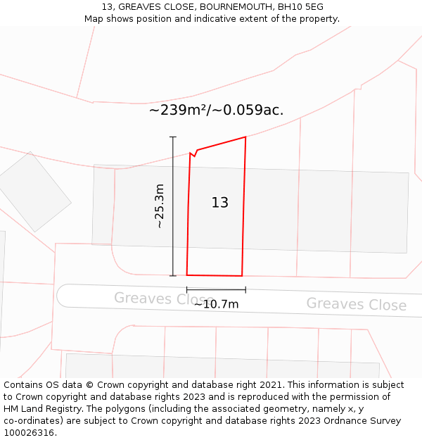 13, GREAVES CLOSE, BOURNEMOUTH, BH10 5EG: Plot and title map