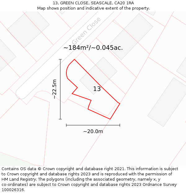 13, GREEN CLOSE, SEASCALE, CA20 1RA: Plot and title map
