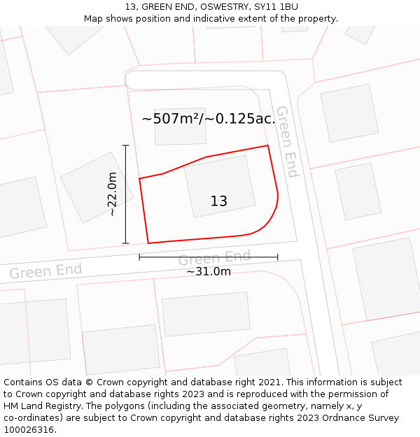 13, GREEN END, OSWESTRY, SY11 1BU: Plot and title map