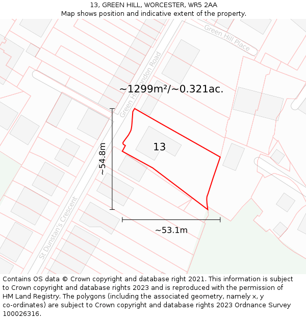 13, GREEN HILL, WORCESTER, WR5 2AA: Plot and title map