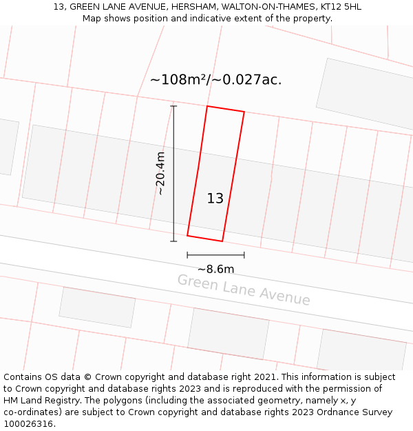 13, GREEN LANE AVENUE, HERSHAM, WALTON-ON-THAMES, KT12 5HL: Plot and title map