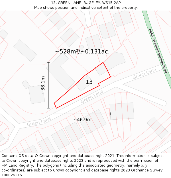 13, GREEN LANE, RUGELEY, WS15 2AP: Plot and title map