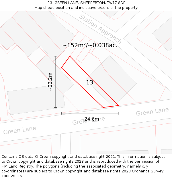 13, GREEN LANE, SHEPPERTON, TW17 8DP: Plot and title map