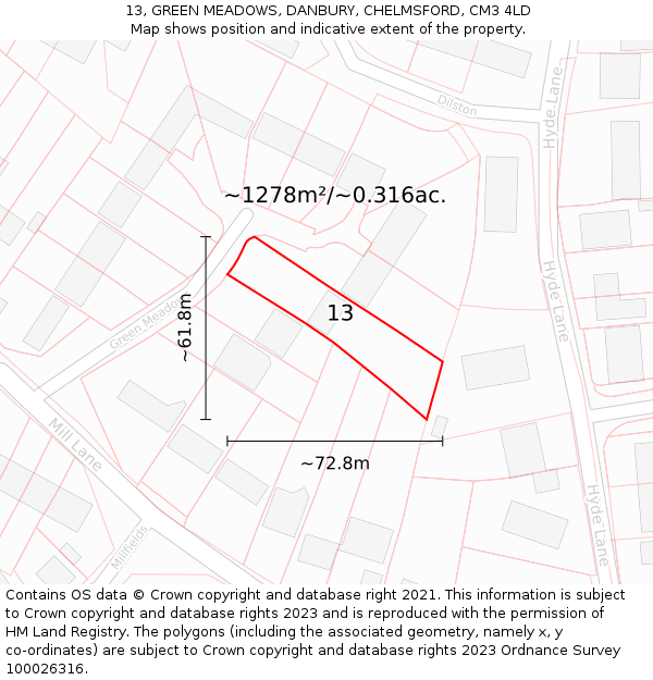 13, GREEN MEADOWS, DANBURY, CHELMSFORD, CM3 4LD: Plot and title map