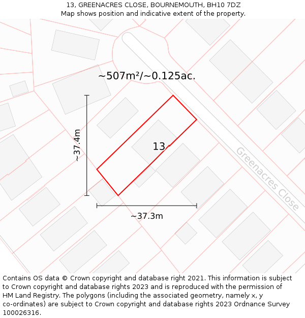 13, GREENACRES CLOSE, BOURNEMOUTH, BH10 7DZ: Plot and title map