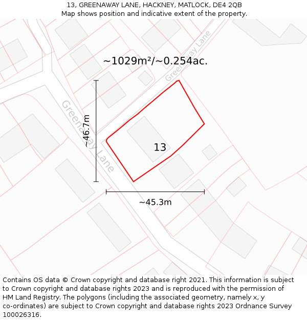 13, GREENAWAY LANE, HACKNEY, MATLOCK, DE4 2QB: Plot and title map