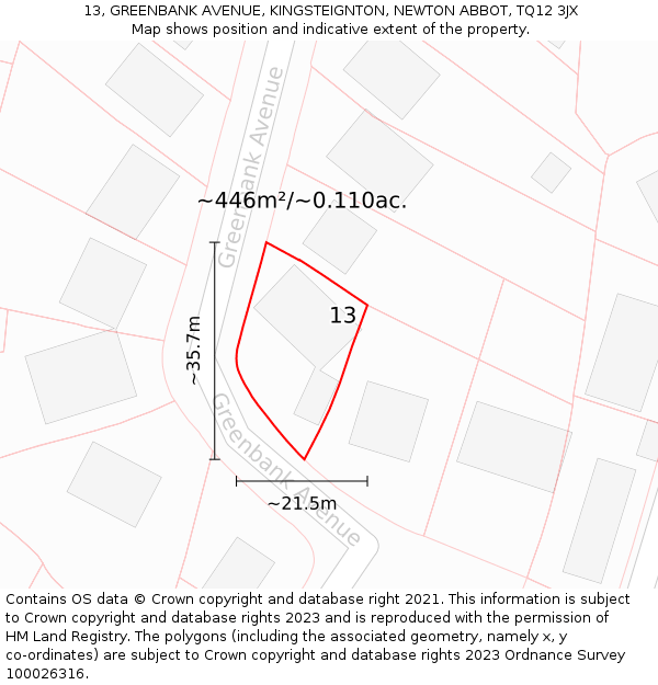 13, GREENBANK AVENUE, KINGSTEIGNTON, NEWTON ABBOT, TQ12 3JX: Plot and title map