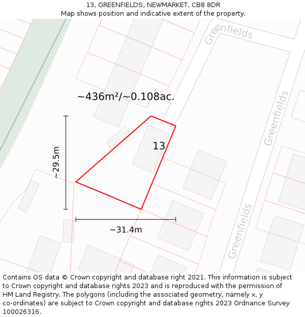 13, GREENFIELDS, NEWMARKET, CB8 8DR: Plot and title map