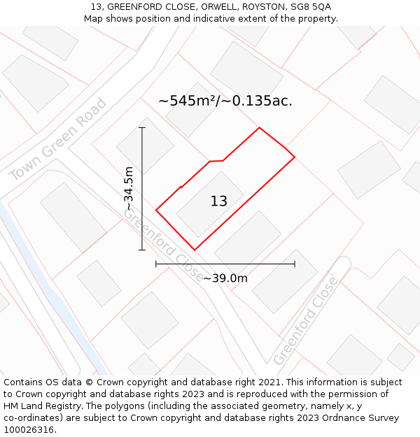 13, GREENFORD CLOSE, ORWELL, ROYSTON, SG8 5QA: Plot and title map
