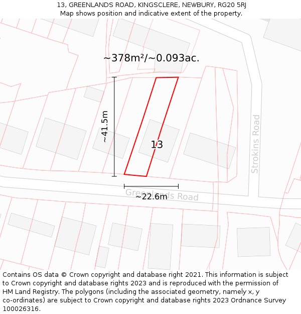13, GREENLANDS ROAD, KINGSCLERE, NEWBURY, RG20 5RJ: Plot and title map