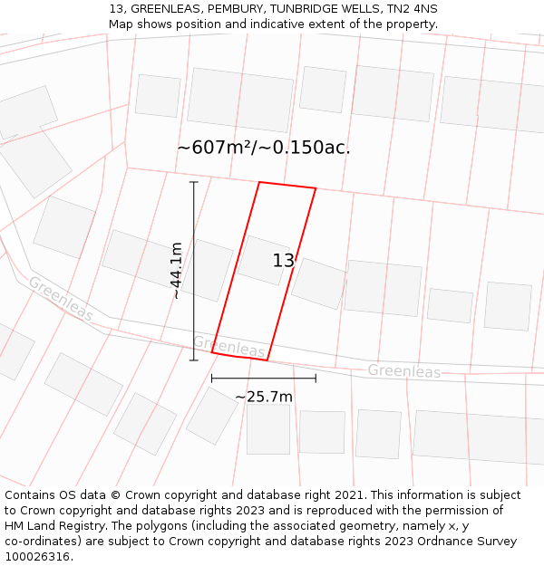13, GREENLEAS, PEMBURY, TUNBRIDGE WELLS, TN2 4NS: Plot and title map