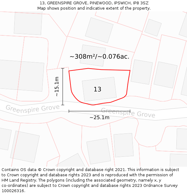 13, GREENSPIRE GROVE, PINEWOOD, IPSWICH, IP8 3SZ: Plot and title map