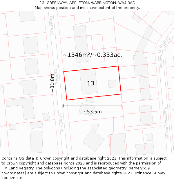 13, GREENWAY, APPLETON, WARRINGTON, WA4 3AD: Plot and title map