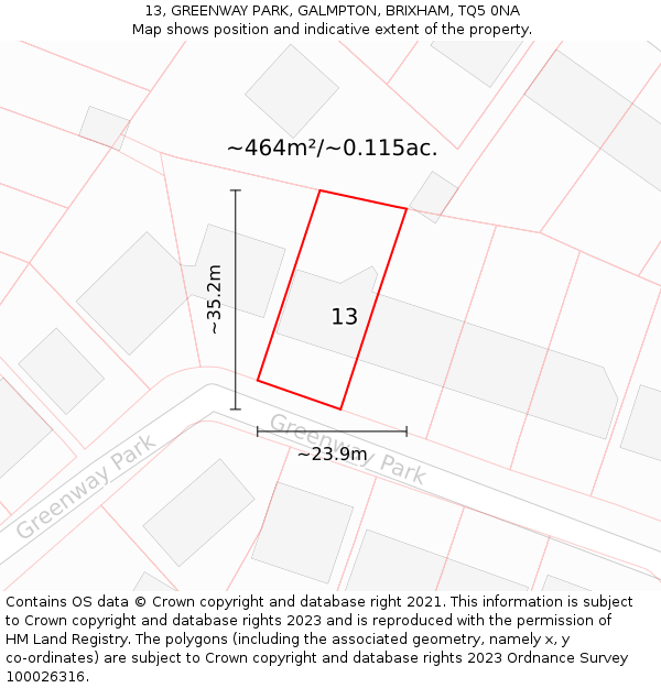13, GREENWAY PARK, GALMPTON, BRIXHAM, TQ5 0NA: Plot and title map