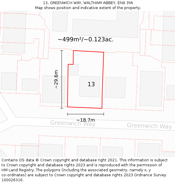 13, GREENWICH WAY, WALTHAM ABBEY, EN9 3YA: Plot and title map