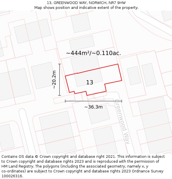 13, GREENWOOD WAY, NORWICH, NR7 9HW: Plot and title map