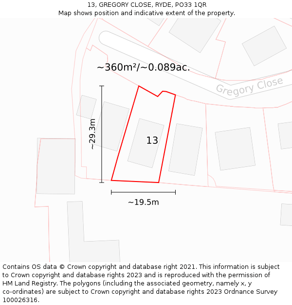 13, GREGORY CLOSE, RYDE, PO33 1QR: Plot and title map